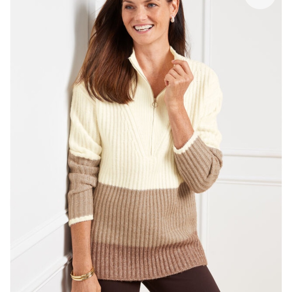 Talbots blocked stripe half zip pullover brown cream chunky NWT small